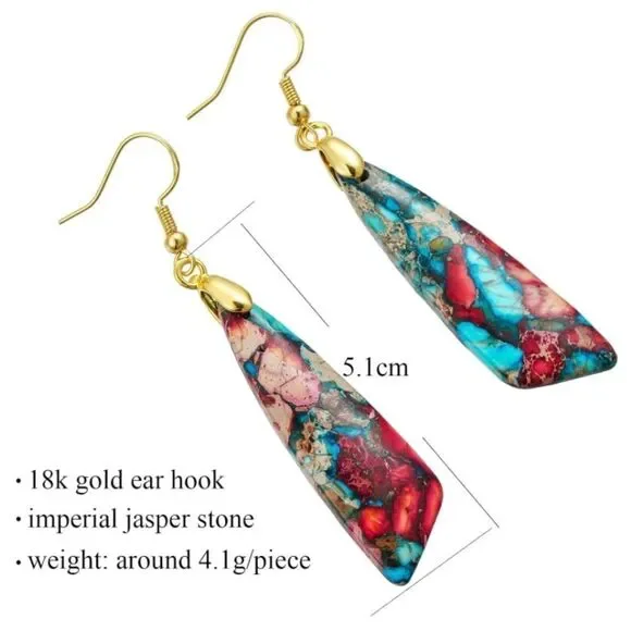 18K Yellow Gold with Natural Imperial Red Blue Jasper Stone Drop Hook Earrings